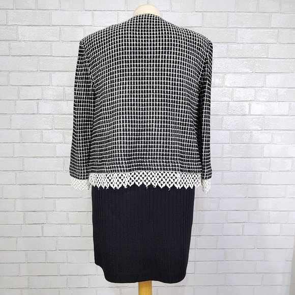 New St John Wool Silk Blend Lace Trim Black White Sweater Knit Skirt Suit Set - Picture 2 of 6